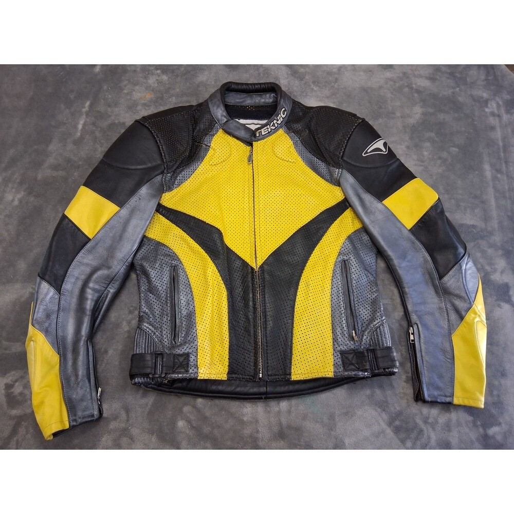 Teknic Leather Motorcycle Riding Jacket Size 44 Yellow Excellent Condition